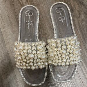 Jessica Simpson Pearl-Embellished Clear Slide Sandals - Ivory